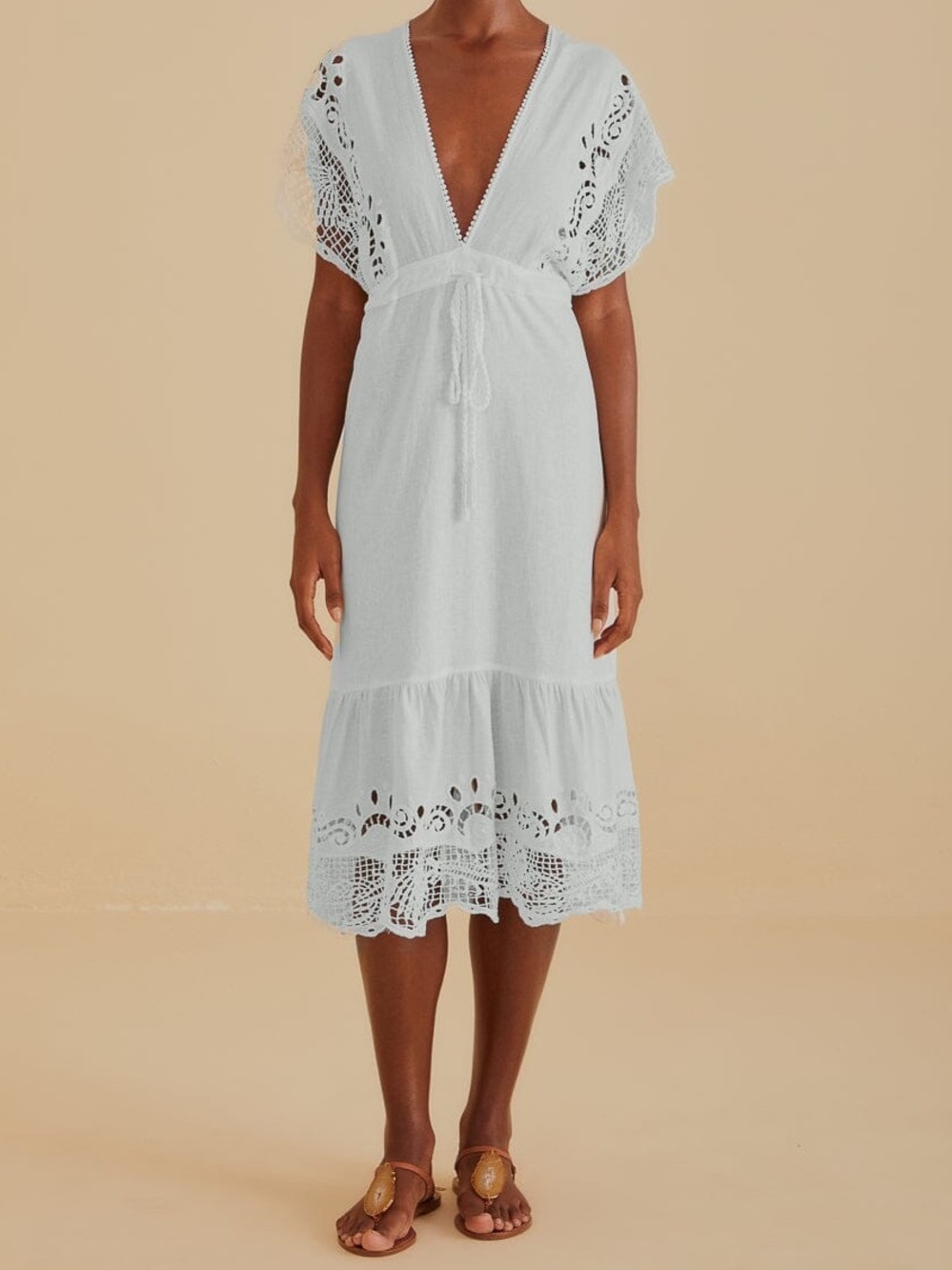 NWT Farm Rio Off-White Embroidered Guipure Midi Dress